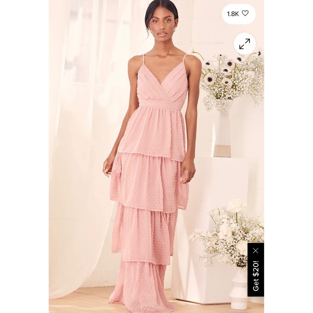 Lulus Dusty Rose Swiss Dot Tiered Maxi Dress Pleated V-Neck Pink‎ Size L